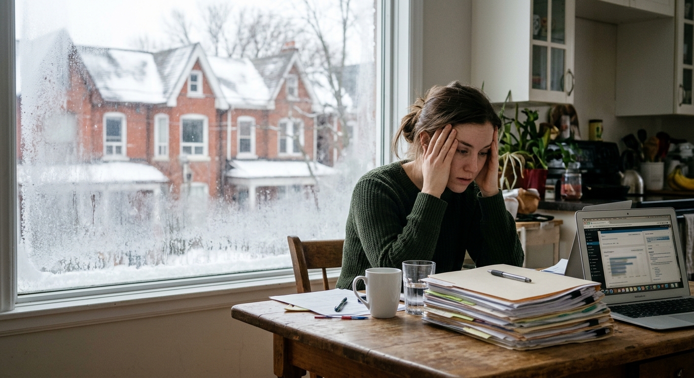 a young woman sitting at a kitchen table looking overwhelmed, resting her hands on her face next to a stack of medical files and an open laptop, a frosty window