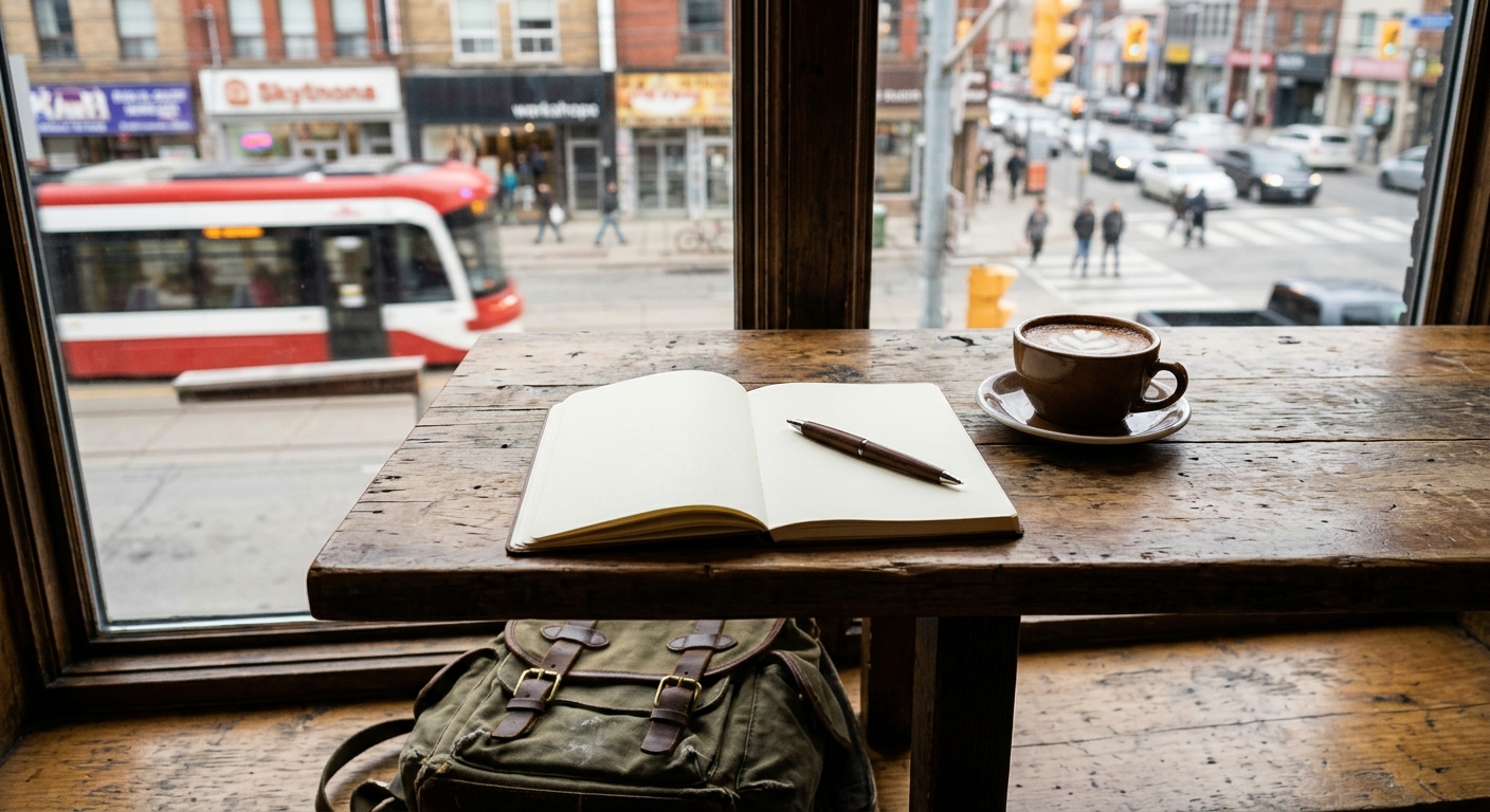 an open blank notebook, a pen, a cup of coffee, and a canvas backpack resting on a wooden cafe table near a window overlooking a bustling Toronto street with a