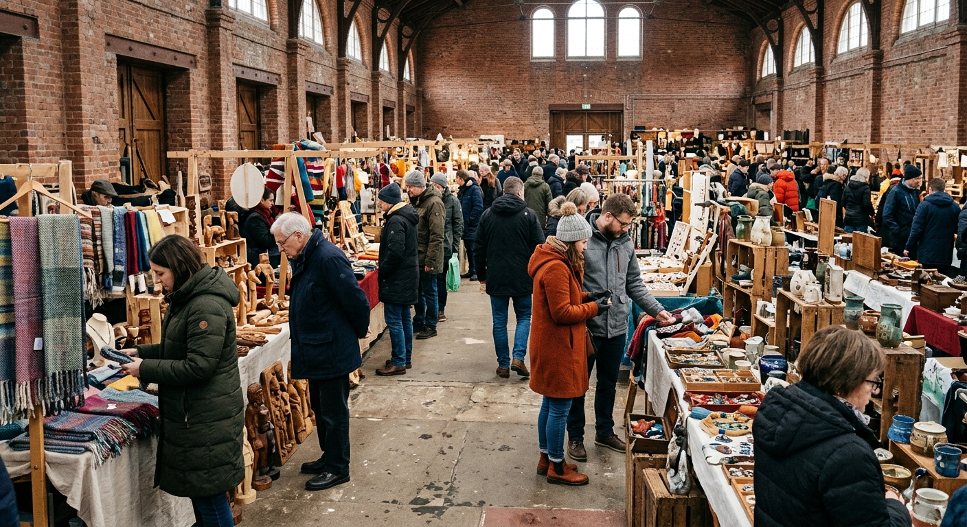 people wearing winter coats browsing wooden stalls filled with handmade crafts and antiques inside a spacious historic brick market building, natural everyday l