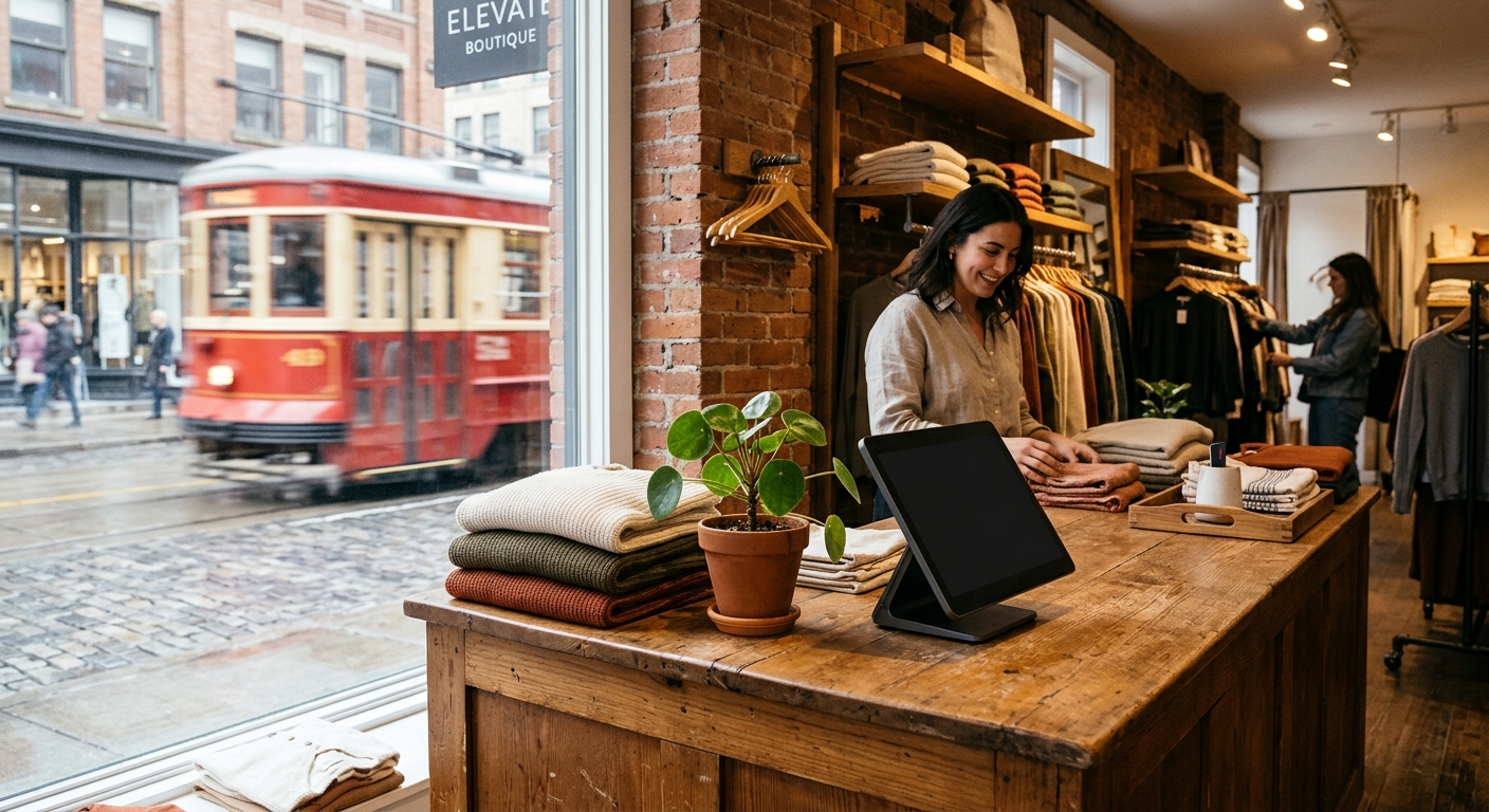 a wooden retail counter inside a cozy independent clothing boutique, featuring a blank digital payment terminal next to a small potted plant and neatly folded g